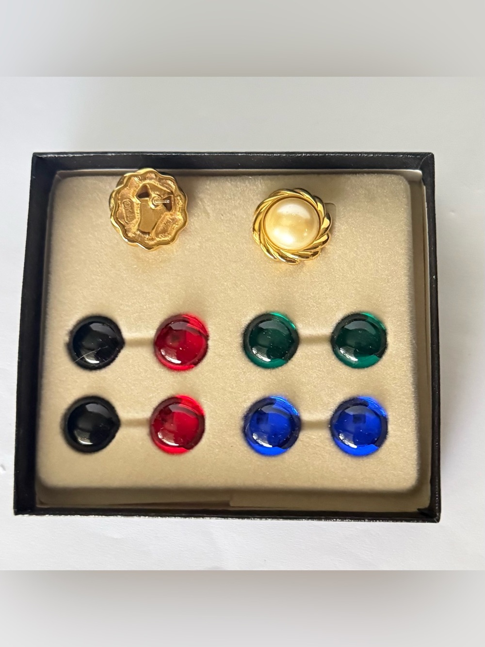 Vintage KJL Interchangeable Gold Tone Pierced Earrings with 5 pairs of cabochons
